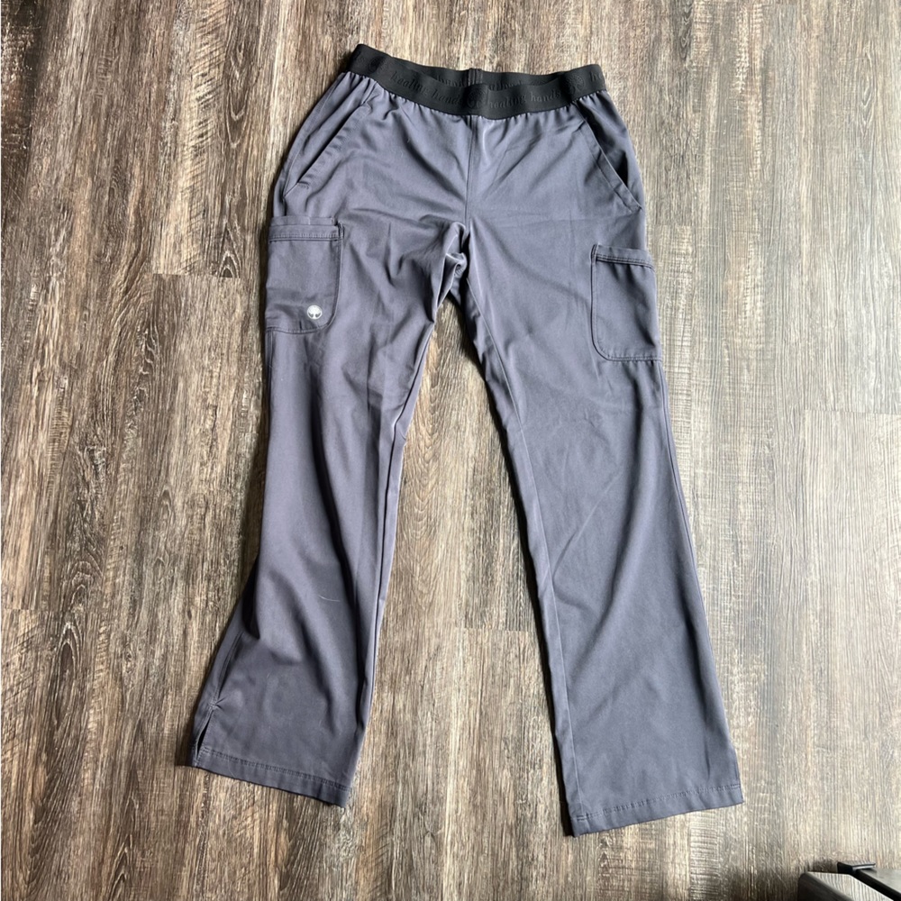Healing hands scrub pants - size medium - blue/gray - black waistband